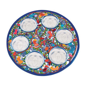 Seder Plate - Aluminium Hand Painted & Six Bowls - Birds