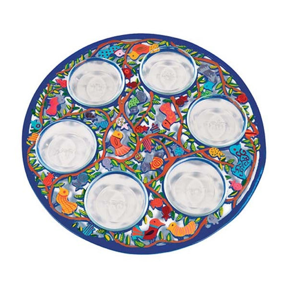 Seder Plate - Aluminium Hand Painted & Six Bowls - Birds