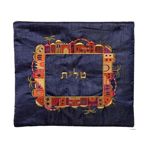 Tallit Bag - Machine Embroidery - Jerusalem - Multicolored On Blue