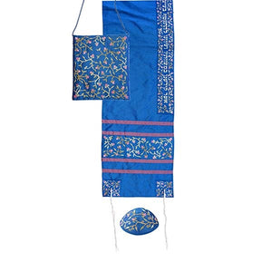 Tallit Set - Machine Embroidery - Flowers - Blue