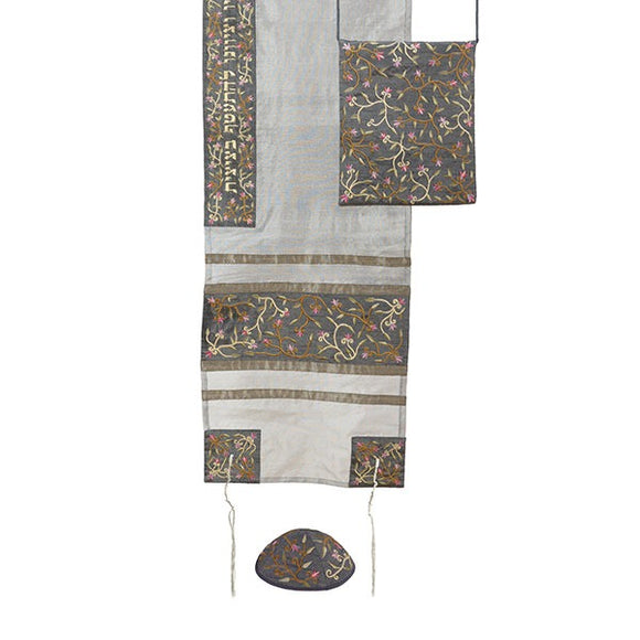 Tallit Set - Machine Embroidery - Flowers - Gray