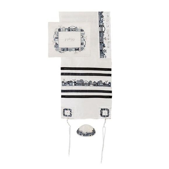 Tallit Set - Machine Embroidery - Jerusalem - Black & Gray