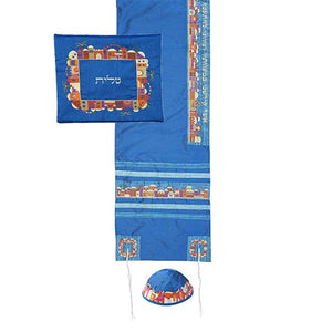 Tallit Set - Machine Embroidery - Jerusalem - Blue