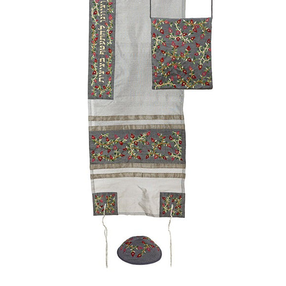 Tallit Set - Machine Embroidery - Pomegranates - Gray