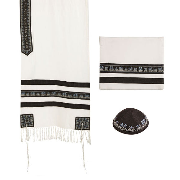 Tallit - Embroidered & Embroidered Stripe - Black