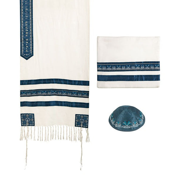 Tallit - Embroidered & Embroidered Stripe - Blue