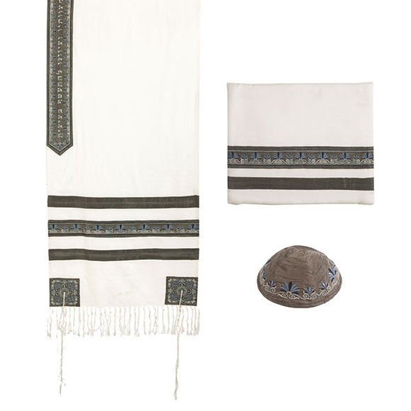 Tallit - Embroidered & Embroidered Stripe - Gray