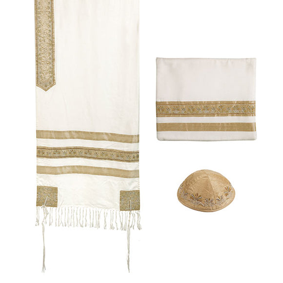 Tallit - Embroidered & Embroidered Stripe - Gold