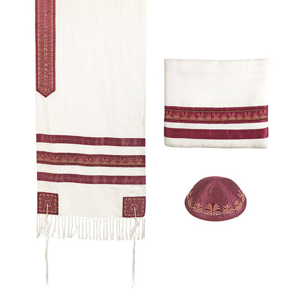 Tallit - Embroidered & Embroidered Stripe - Maroon