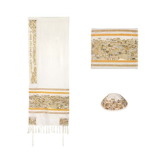 Tallit - Dense Embroidery - Jerusalem - Silver/Gold