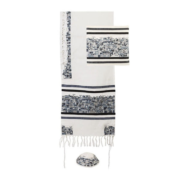 Tallit - Dense Embroidery - Jerusalem - Black/Gray