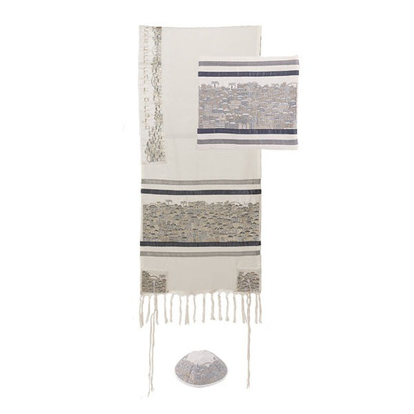 Tallit - Dense Embroidery - Jerusalem - Silver