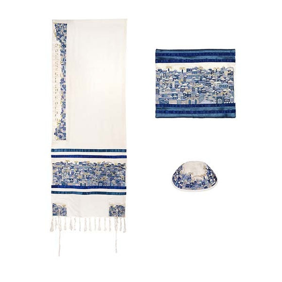 Tallit - Dense Embroidery - Jerusalem - Blue - II