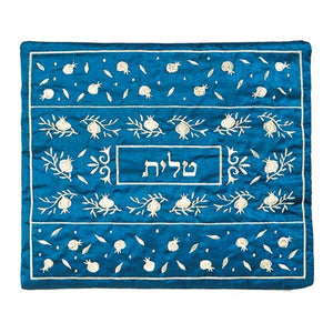 Tallit Bag - Machine Embroidery - Pomegranate Blue & Silver