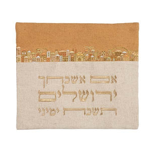 Tallit Bag - Embroidery - "Im Eshkechech" Linen - Gold