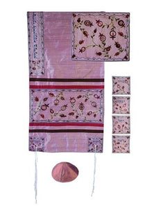 Raw Silk Appliqued Tallit - Pomegranate