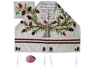 Raw Silk Appliqued Tallit - Pomegranate - White