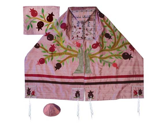 Raw Silk Appliqued Tallit - Pomegranate - Pink