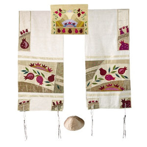 Raw Silk Appliqued Tallit - Pomegranate - Gold