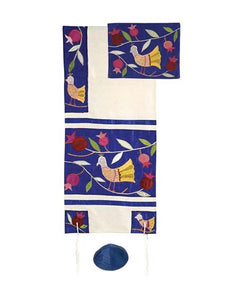 Raw Silk Appliqued Tallit - Birds - Blue