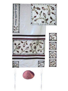 Raw Silk Appliqued Tallit - Pomegranate - Style 2