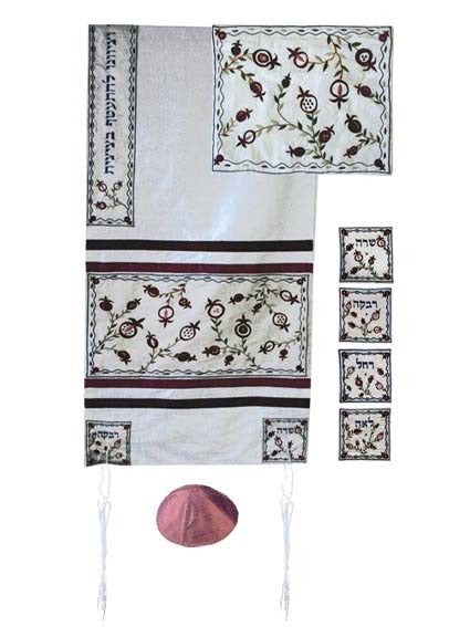 Raw Silk Appliqued Tallit - Pomegranate - Style 2