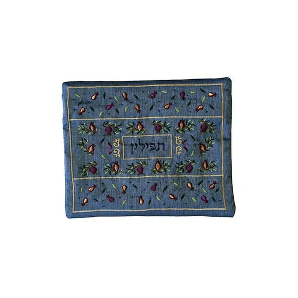 Tefillin Bag - Machine Embroidery - Pomegranates - Blue II