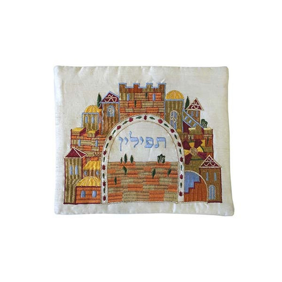 Tefillin Bag - Machine Embroidery - Jerusalem - White