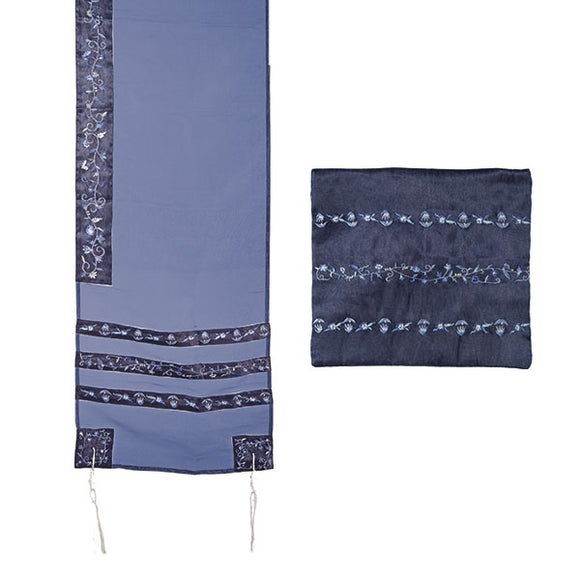 Tallit Organza Embroidered Stripes - Blue