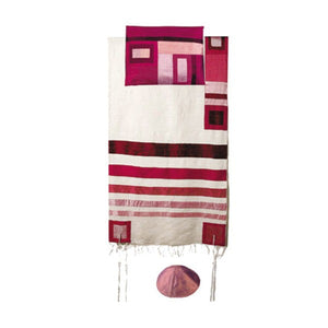 Raw Silk Tallit With Stripes 21" x 77" - White - Pink