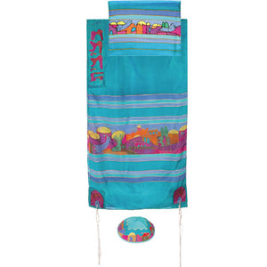 Silk Tallit - Jerusalem & Doves - Turquoise