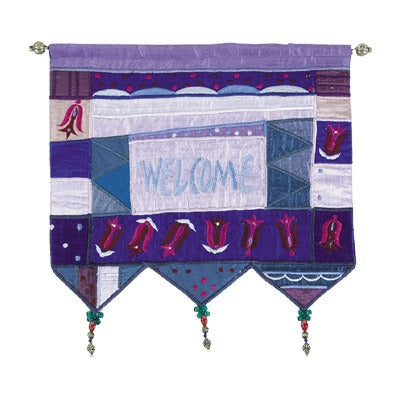 Wall Hanging - Welcome In English & Flowers - Blue