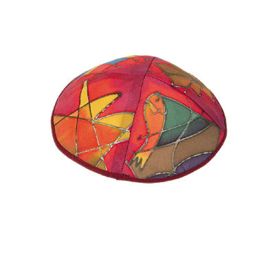 Kippah - Hand Painted Silk - 12 Tribes - Maroon