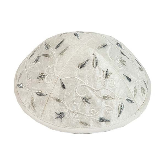 Kippah - Embroidered - Flowers - Silver