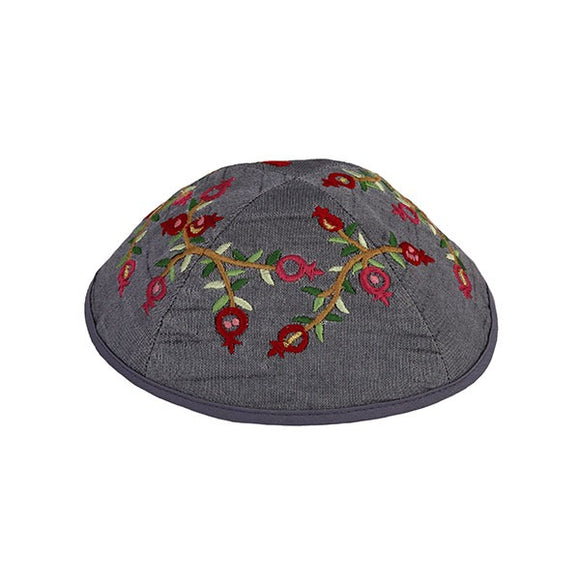 Kippah - Embroidered - Pomegranates - Gray